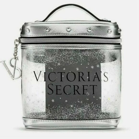 Victoria's Secret Mini Train Cosmetic Carrying Case Silver Sparkle NWT - Picture 1 of 7